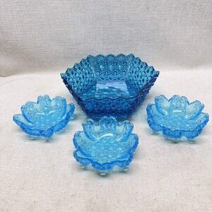 Vintage Smith Glass Daisy and Button Blue Berry Set 4pc Bowl Set Scalloped Edge